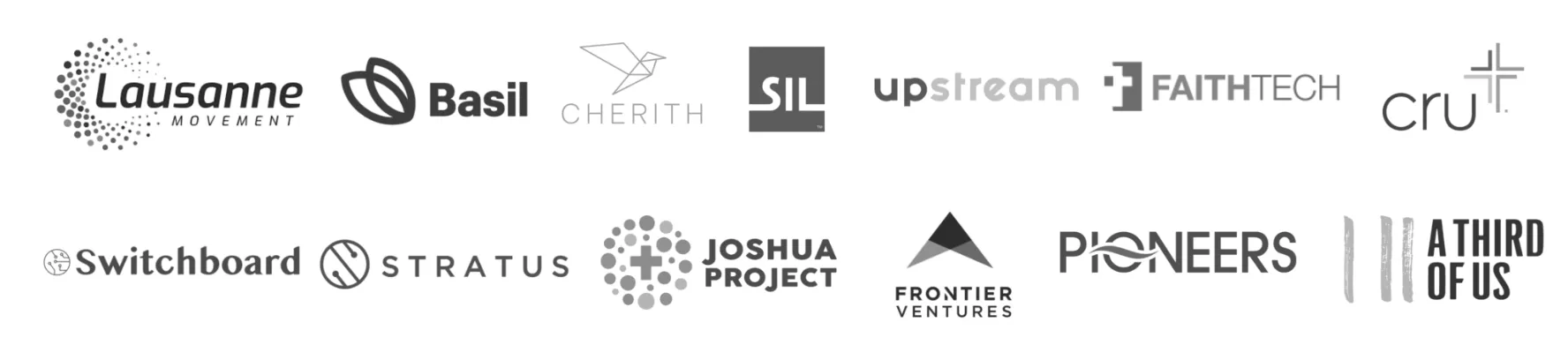 Partner logos including Lausanne Movement, Basil, Cherith, SIL, Upstream, FaithTech, Cru, Switchboard, Stratus, Joshua Project, Frontier Ventures, Pioneers, and A Third of Us